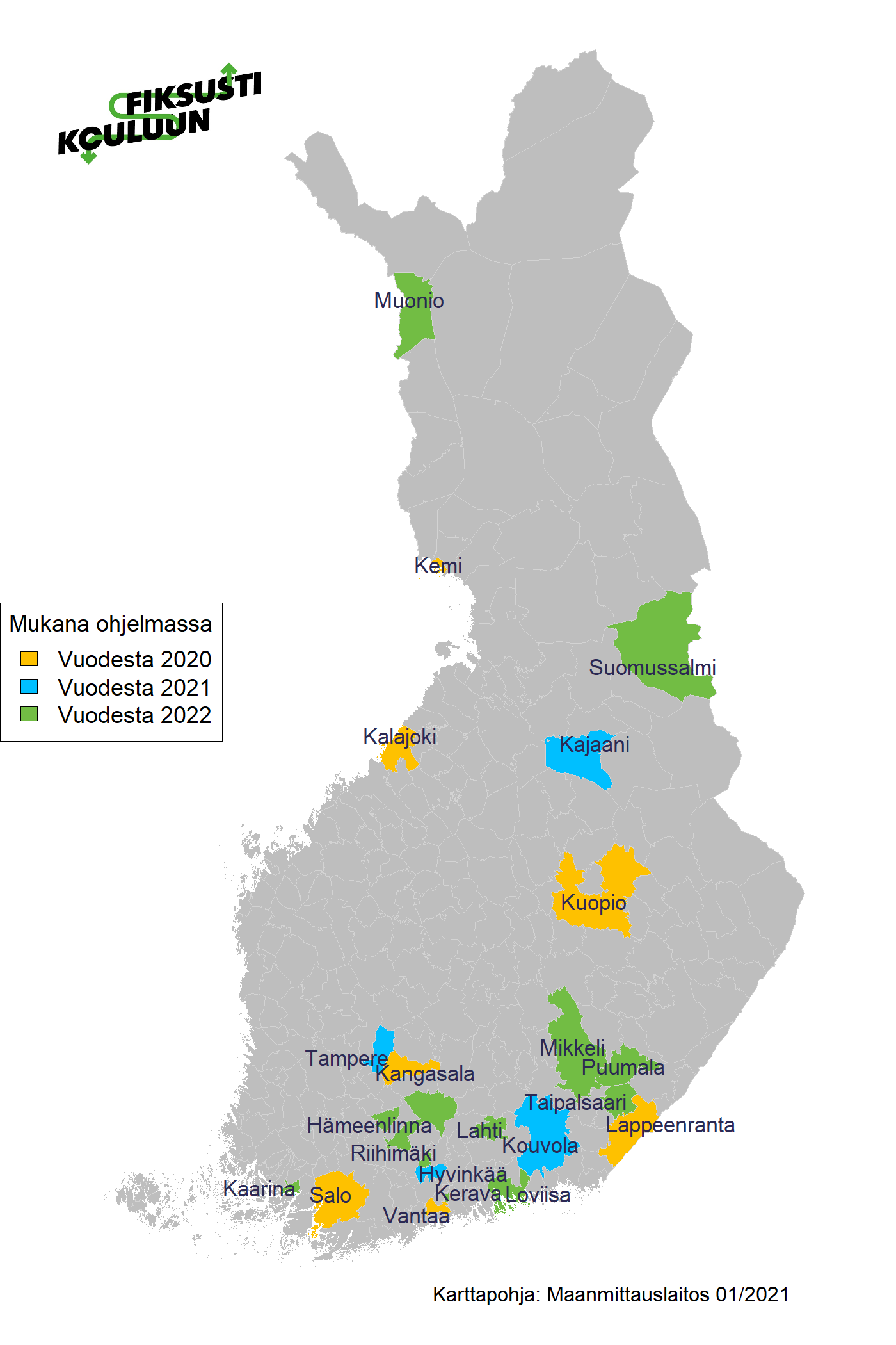 Fiksusti kouluun -ohjelman kunnat kartalla