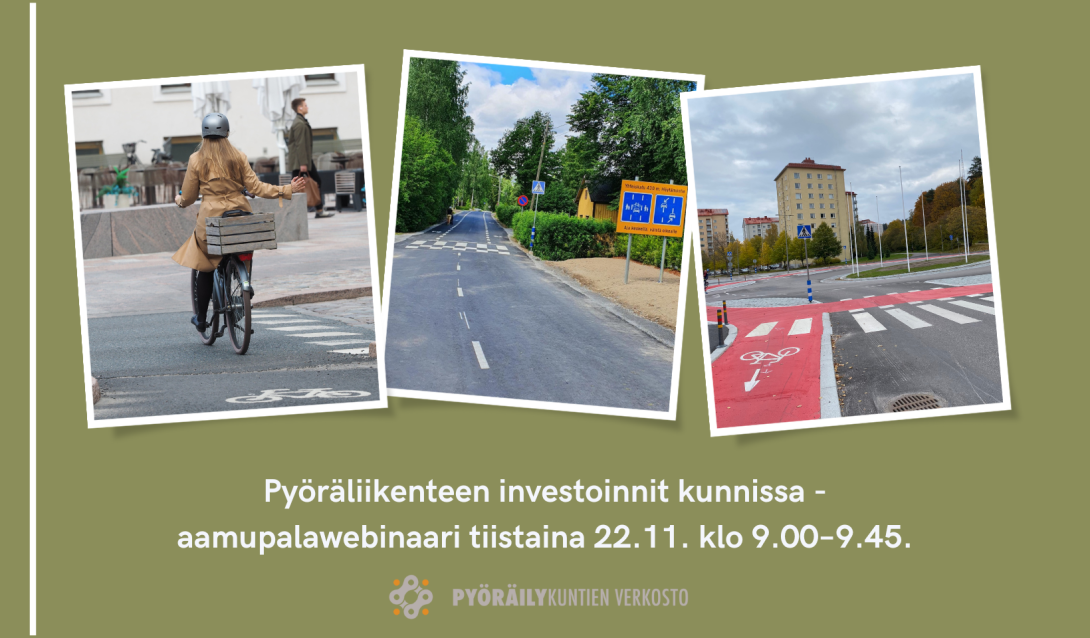 Kolme kuvaa pyöräliikenteen ratkaisuista.